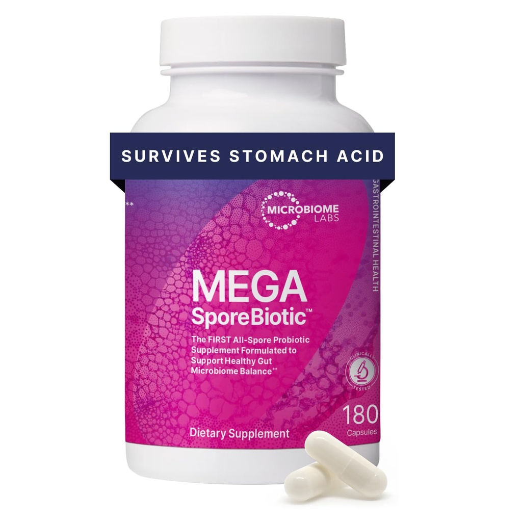 Microbiome Labs MegaSporeBiotic Probiotics for Women & Men - Gut Health & Digestive Support - シェルフテーブル、旅行フレンドリー、男性&女性プロバイオティクス(180カプセル)