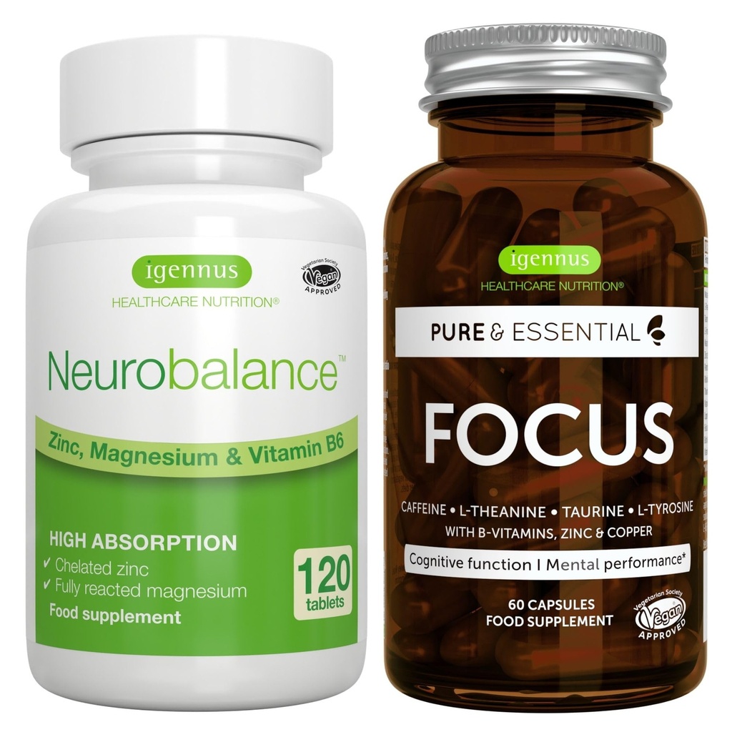 Neurobalance + フォーカス 脳ブースター ビーガンバンドル, 高吸収亜鉛マグネシウム & B6 + カフェイン, アミノ酸 & メチル化されたBビタミン, イゲンヌスによる