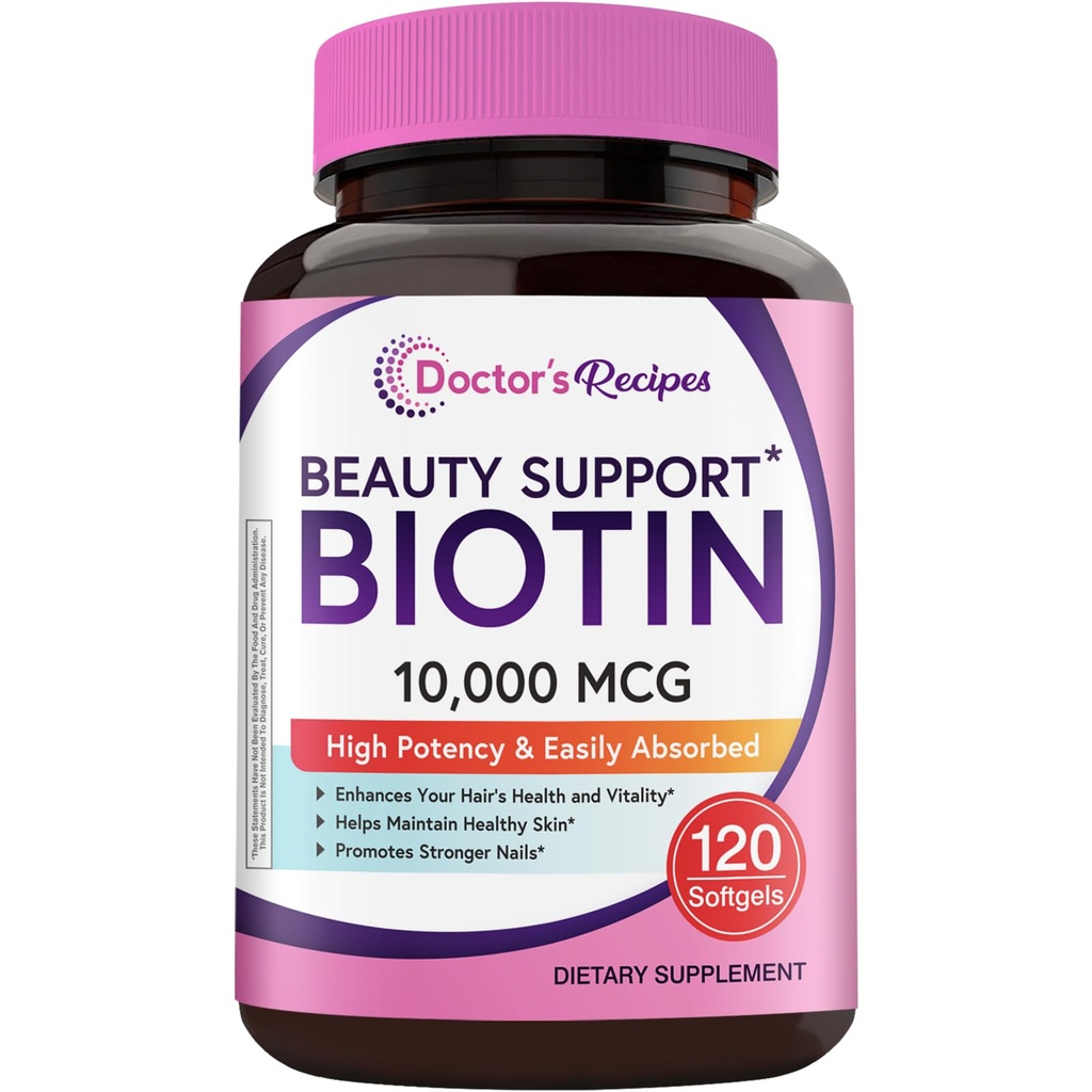 医師のレシピビオチン10,000mcg、髪、皮膚、爪のサポートのための高効力ビタミンB7、非GMO、女性と男性、120 SoftgelsのためのBiotinの最適解決の毛のビタミン