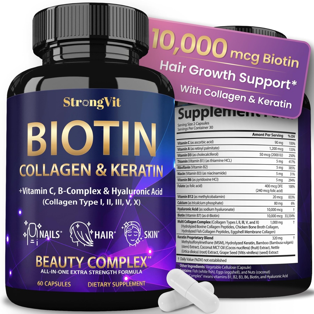 ヒアルロン酸、ケラチンおよびコラーゲンの補足のStrongVit Biotin - 毛の成長の女性のための10000mcg - 毛皮および釘のビタミン- 60のカプセル