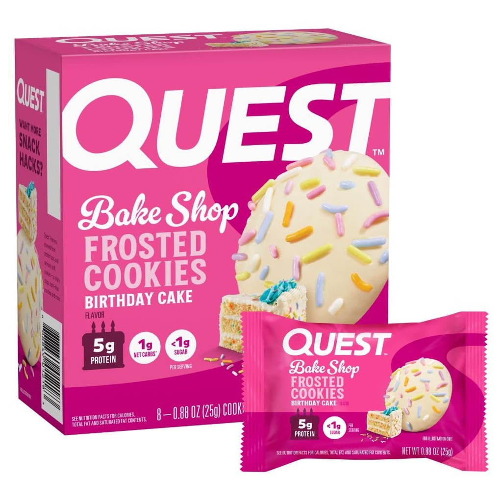 Quest Nutrition Frosted Protein Cookie、誕生日ケーキ、<1g Sugar、5g Protein、1g Net Carbs、グルテンフリー、8クッキー