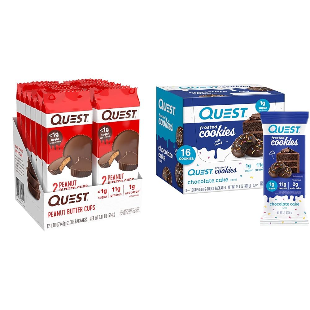 Quest Nutrition High Protein Peanut Butter Cup 12 カウント&チョコレートケーキ フロステッドクッキーツインパック、グルテンフリー