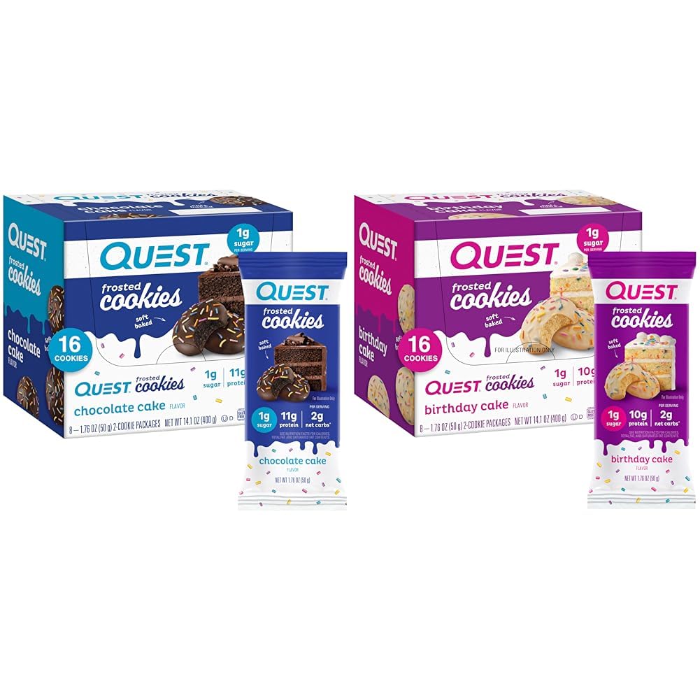 Quest Frostedクッキーツインパック、チョコレートケーキ16クッキー&バースデーケーキ16クッキー、1g砂糖、10-11gタンパク質、2gネット炭水化物