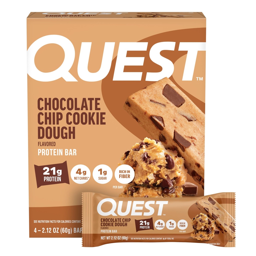 Quest Nutrition Chocolate Chip Cookie Dough Protein Bar, 21g Protein, 4, Net Carbs, 1g Sugar, High Fiber, Gluten Free, Keto Friendly, 4 カウント