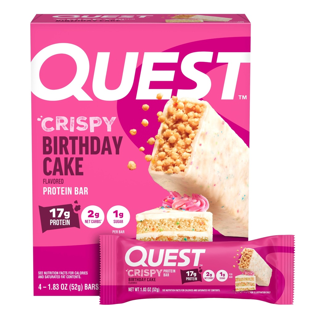 Quest Nutrition Crispy Birthday Cake Protein Bar, 17g Protein, 1g Sugar, 2g Net Carbs, Gluten 無料のプロテインスナック, Keto フレンドリー, 4 カウント