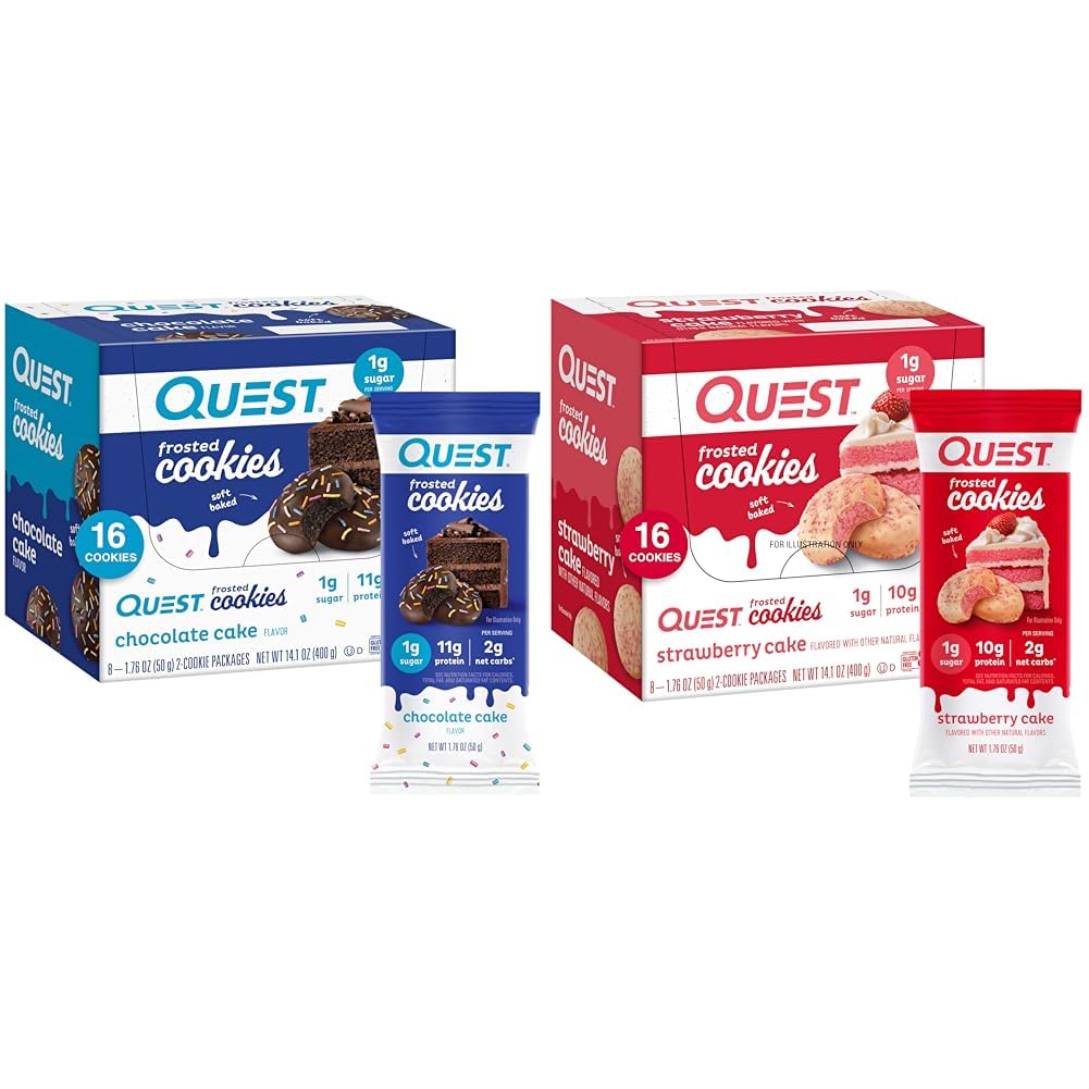 Quest Nutrition Frostedクッキーツインパックバンドル、チョコレートケーキ1g砂糖11gタンパク質2gネットカーブとイチゴケーキ1g砂糖10gタンパク質2gネットカーブ、グルテンフリー、16クッキー各