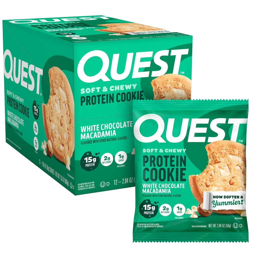 Quest Nutrition White Chocolate Macadamia Protein Cookie, 15g Protein, 1g Sugar, 2g Net Carbs, Ketofriendly, High Protein, Low Carb; 12 カウント