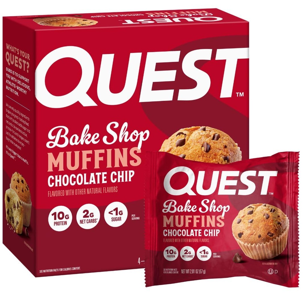 Questの栄養物のチョコレート チップのマフィン、10g蛋白質、2g純炭水化物、1g砂糖、蛋白質の軽食、4の計算より少し
