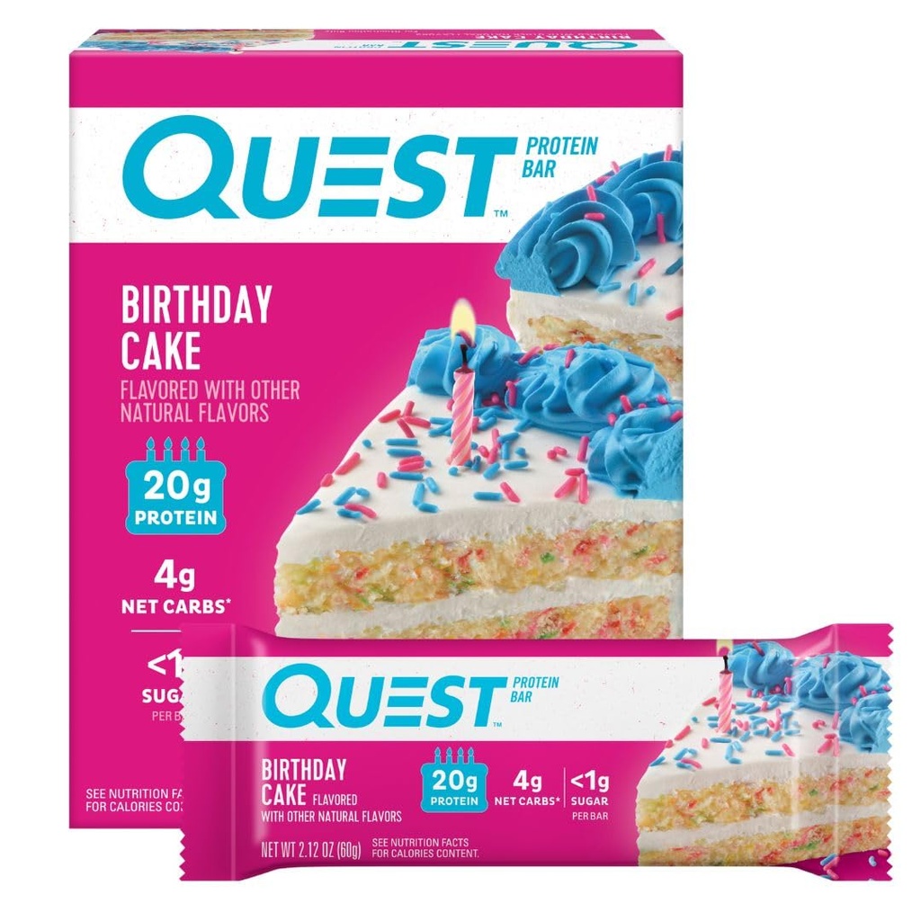 Questの栄養の誕生日のケーキの蛋白質棒、20g蛋白質、4g純炭水化物、1g砂糖、グルテンフリー、Ketoの友好的、4の計算
