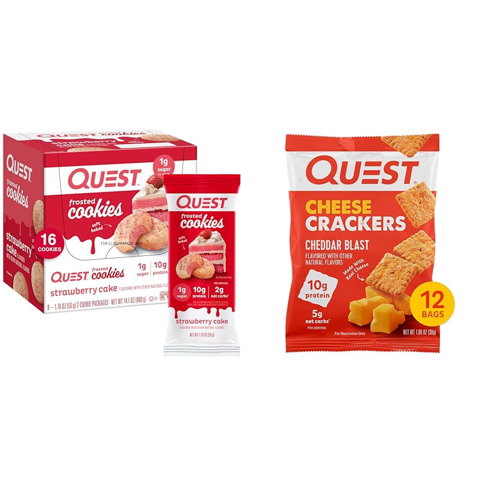 Quest Nutrition Frosted Cookie Twin Pack, Strawberry Cake, 1g Sugar, 10g Protein, 2g Net Carbs & Cheese Crackers, Cheddar Blast, High Protein, Low Carb, 本物のチーズで作られた, 12 Ct