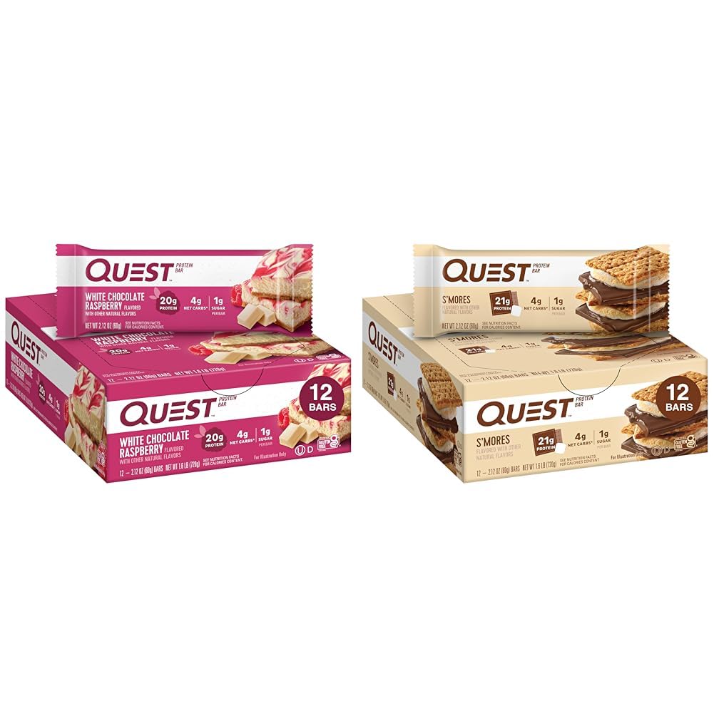 Quest Nutrition White Chocolate Raspberry Protein Bar, High Protein, Low Carb, Gluten Free, Keto Friendly, 12 Count & S'mores Protein Bar, High Protein, Low Carb, Gluten Free, Ketoフレンドリー, 12 カウント