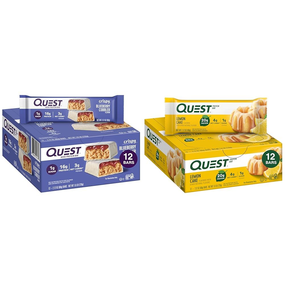Quest Nutrition Crispy Blueberry Cobbler Hero Protein Bar, 16g Protein, 1g Sugar, 3g & Lemon Cake Protein Bar, High Protein, Low Carb, Gluten Free, Keto フレンドリー