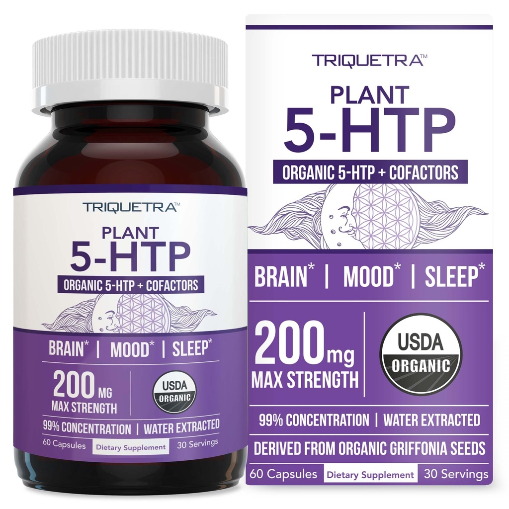 オーガニック5-HTP - 200mg | 99% 5HTP濃度、プラスコファクタビタミンB6&ライオンズマネ|有機性グリフォニア種子から抽出された水 | 気分、認知度、眠りをサポート(60カプセル | 30サービング)