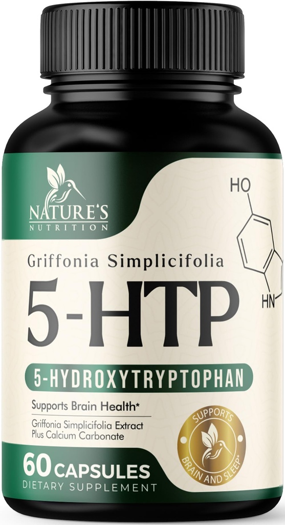 5 Hydroxytryptophan カプセル - サービングあたりの 180 mg 5 HTP サプリメントプラス 脳の健康と睡眠サポートのためのカルシウム, 余分な強度 Griffonia Simplicifolia 5-HTP フォーミュラ, 5HTP, アメリカ ボトル入り - 60 カプセル