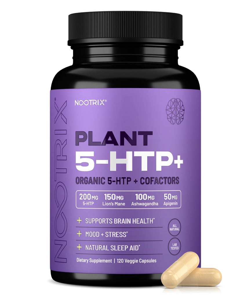 Nootrixの有機性植物5 HTP+ サプリメント | メモリ、メンタルフォーカス、認知健康とエネルギーをサポート | 健康な気分と脳機能を促進する | ビタミンB6&Lテアニン | 120カプセル