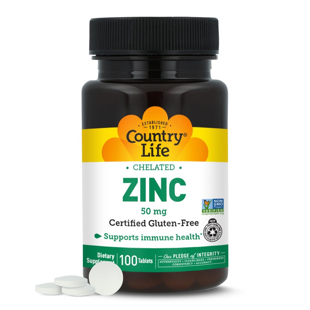カントリーライフケレート亜鉛50mg - 認定グルテンフリー&ビーガン免疫サポートサプリメント、亜鉛吸収を強化、ボディのタンパク質生産と細胞の健康をサポート、100ベジタリアンタブレット