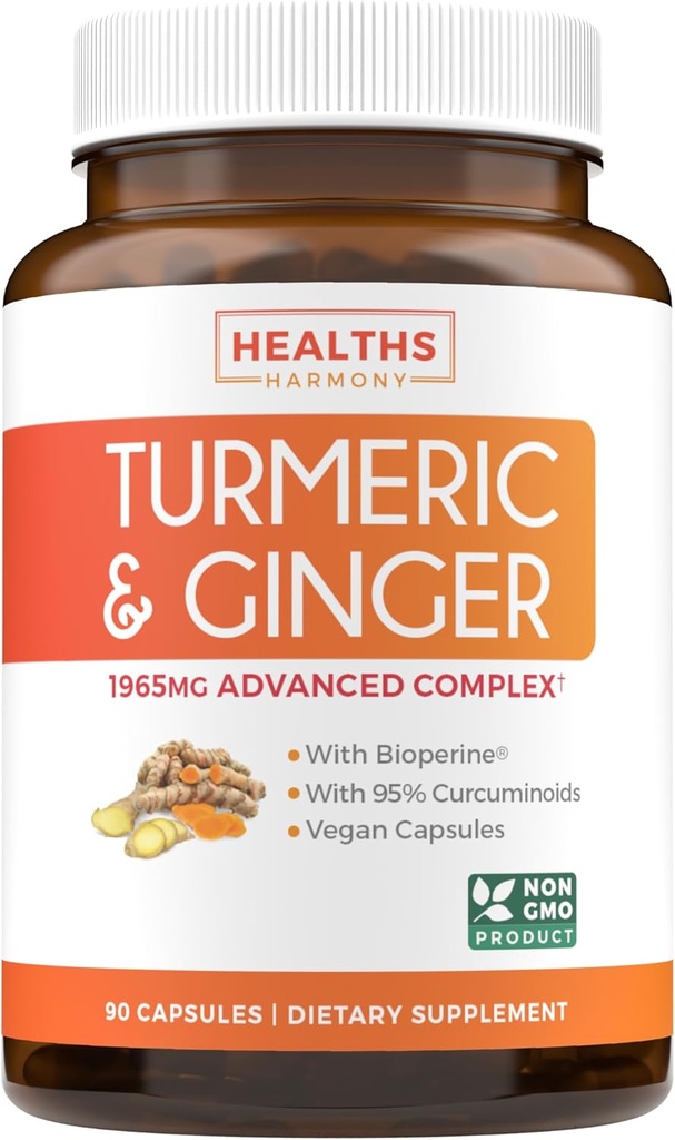 Turmeric and Ginger Supplement (Non-GMO) 1980mg Serving - Turmeric Curcumin with Black Pepper Bioperine, Ginger Extract, and 95% Curcuminoids Powder - Tumeric Joint Support Supplement - 90 Capsules