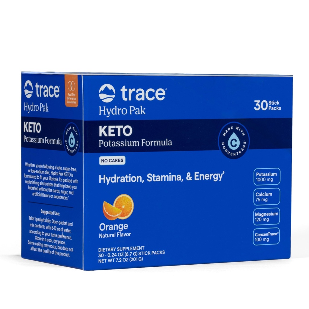 Trace Minerals Hydro Pak Keto - 電解液補充ドリンクミックス - 1000 mgのカリウムプラス 70 エネルギー、スタミナ、および水分補給をサポート - オレンジ風味 - 30 サービング