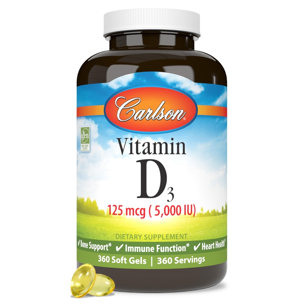 カールソン - ビタミンD3 5000 IU (125 mcg)、骨の健康、筋肉健康、コレステロール、ビタミンDサプリメント、ビタミンD3ソフトジェル、360ソフトゲル
