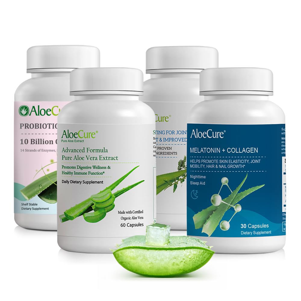 AloeCureオーガニックアロエベラカプセルパック - 4ピース - Melatonin +コラーゲン、VeraFlex、アロエベラカプセル、プロバイオティック +酵素