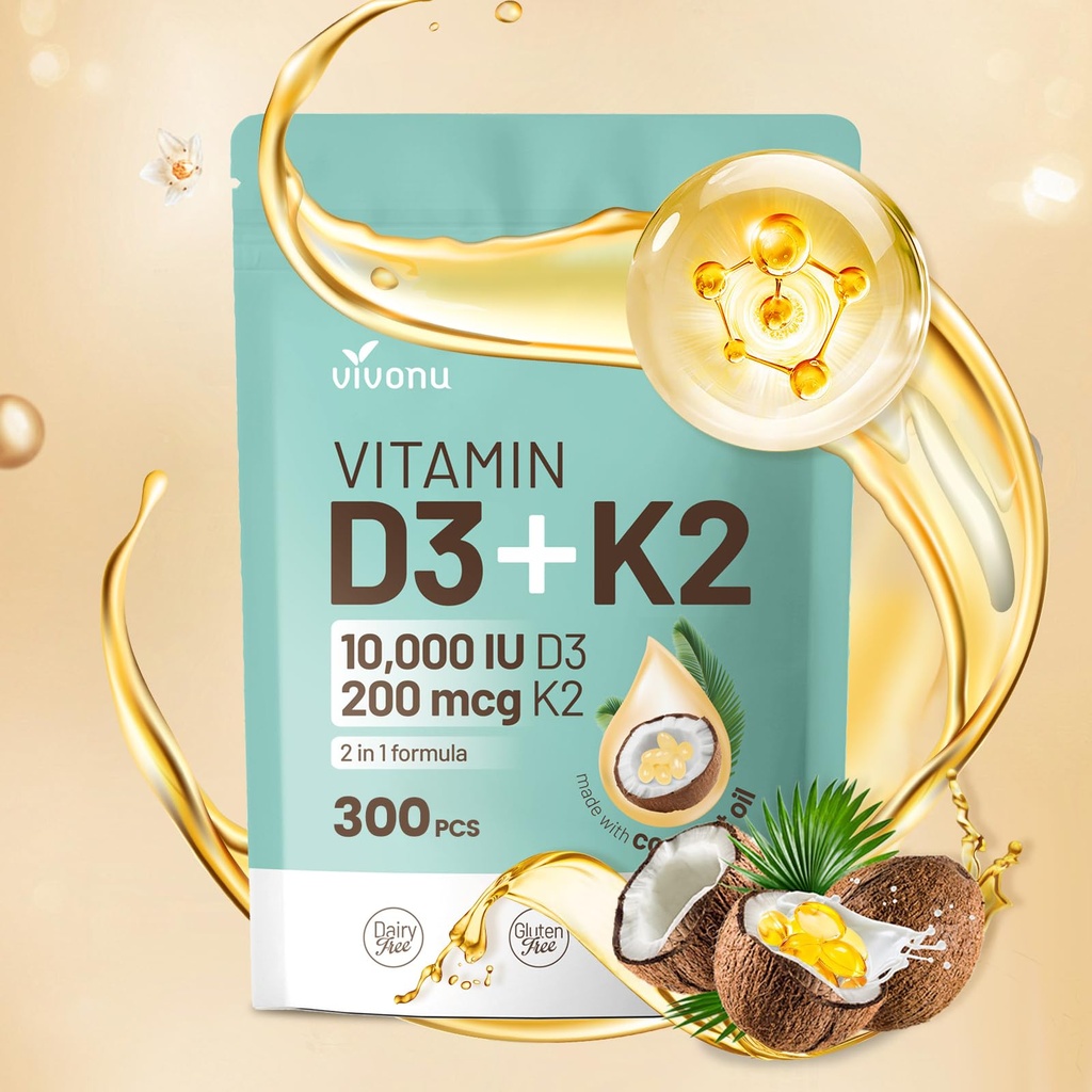 VivoNu ビタミン D3 K2 10000 IU、MK7-300 バージンココナッツオイル ソフトゲル、2 in 1 ビタミン D&K 複合体 | ビタミン D3 コン K2 (1袋)
