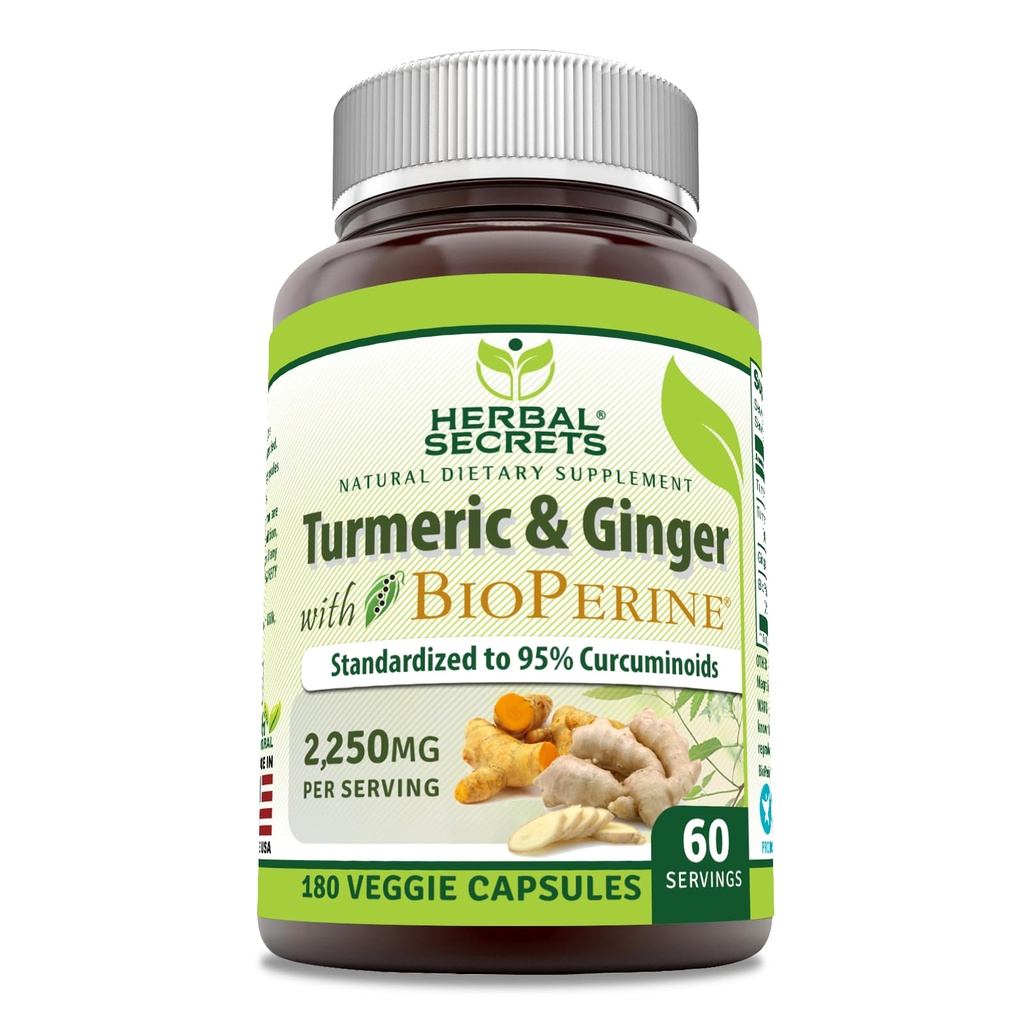 ハーバルシークレット ターメリック クルクミン&ジンジャー with BioPerine Supplement | 2,250 Mg / サービング | 180カプセル | ノンGMO | グルテンフリー | アメリカ製
