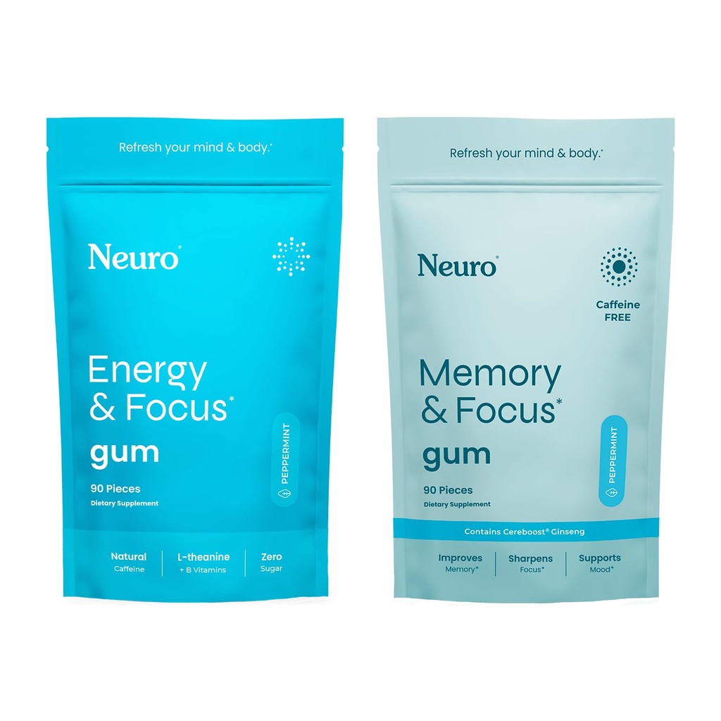Neuro Focus Set - 90 カウントそれぞれ(ペパーミント) - 天然カフェイン、L-テアニン、B-ビタミン、エネルギー、警戒と明快さの砂糖無料向知チェインググム