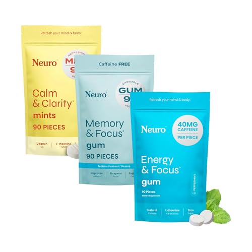 Neuro 焦点 & カルム認知バンドル – エネルギー & 焦点向性ゴム (90), カルム & クラリティストレスサポートミント (90) & 記憶 & 焦点向性ゴム (90)