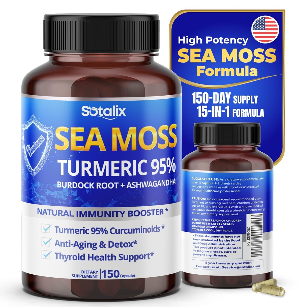 Sotalix Sea Mosss カプセル with Ashwagandha, Burdock Root, Bladderwrack, Turmeric - 強力な自然免疫ブースター - アメリカメイド (150 カウント)