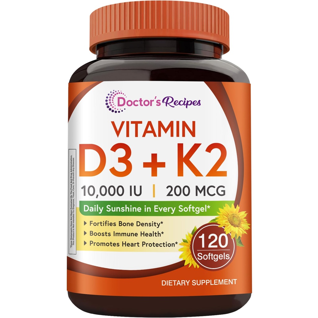 医師のレシピビタミンD3 K2、10,000 IU、200 mcg、MK-7、強力な骨密度、歯、免疫、心臓サポート、エネルギー、カルシウム吸収、大豆&グルテン、非GMO、120 Softgels