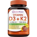 医師のレシピビタミンD3 K2、10,000 IU、200 mcg、MK-7、強力な骨密度、歯、免疫、心臓サポート、エネルギー、カルシウム吸収、大豆&グルテン、非GMO、120 Softgels