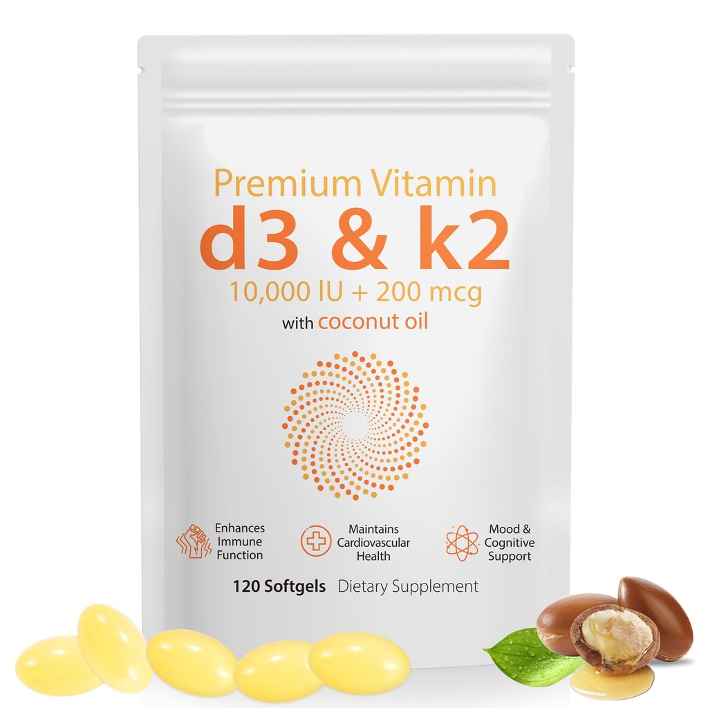 Daiasns Vitamin D3 K2 10000iuは、筋肉と脳の健康をサポート - 高機能D3 K2サプリメントは免疫と心臓血管のサポートに役立ちます - 120 Softgels