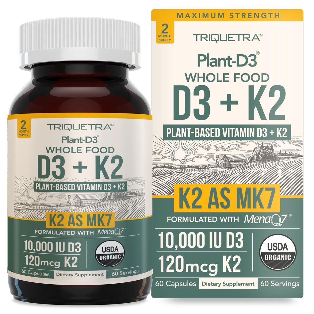 オーガニックプラントD3 + K2 | 10000 IU D3 + 120 mcg K2は、MenaQ7®からオールトランスMK7として - 100%の全食品、生&ビーガン | プレバイオティック&スーパーフードコンプレックスで消化を強化 - 有機藻(60カウント)