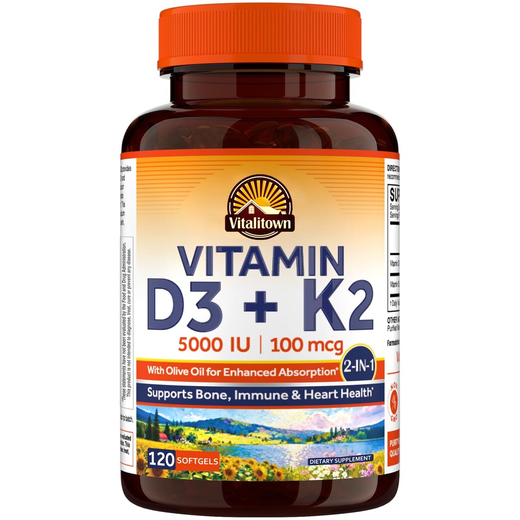 VitalitownビタミンD3 K2サプリメント、D3 5000 IU、ビタミンK2 MK-7 100 mcg、非GMO、グルテンフリー&大豆、骨、歯、免疫&心臓の健康、120 Softgels