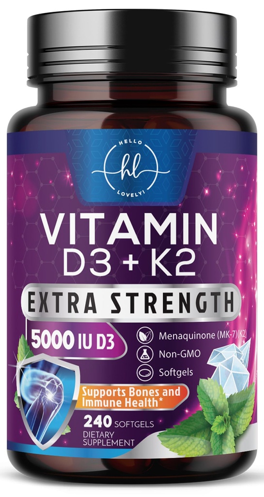 ビタミンDとK2(MK-7) - ビタミンD3 5000IU(125mcg) - 骨、歯、筋肉、カルシウム吸収、免疫サポートと心臓の健康のためのD3K2コンプレックスサプリメント - 米国でボトル入り - 240 Softgels