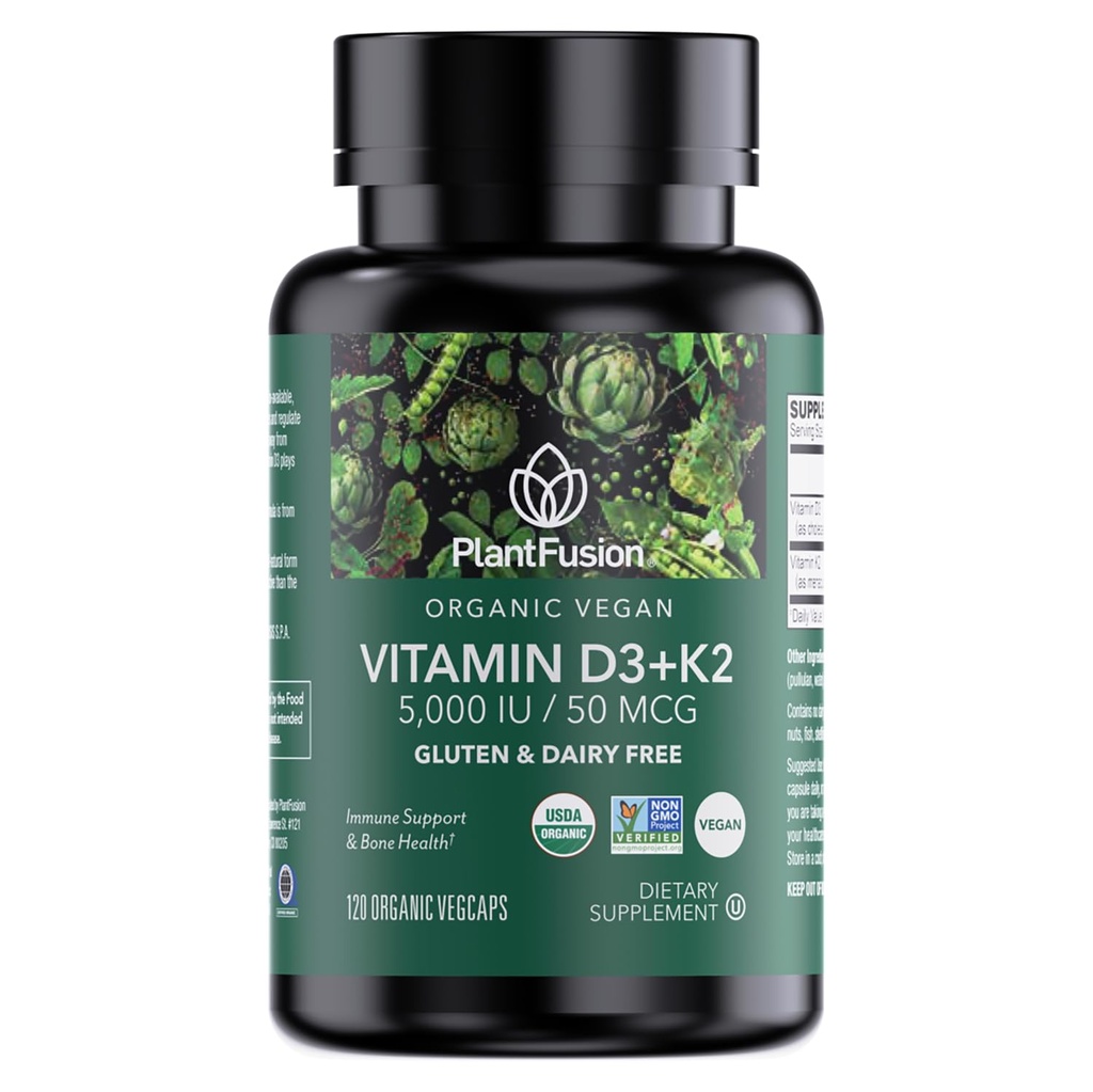PlantFusion有機ビーガンビタミンD3 + K2 5,000 IU、50MCG - ビタミンD 植物由来のLichenとビタミンK2、免疫サポートと骨の健康のために - 120カプセル