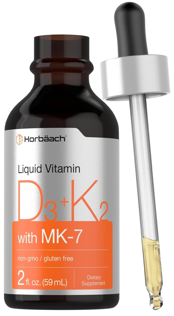ホルバハチビタミンD3 K2液滴 | MK7付 | 2 Fl Oz | ベジタリアン・非GMO・グルテンフリー対応サプリメント