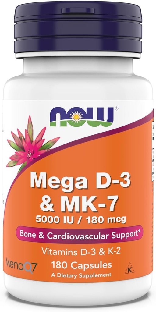今、サプリメント、メガD-3&MK-7、5000 IU / 180 mcg、骨&心血管サポート*、ビタミンK-3&K-2、180カプセル