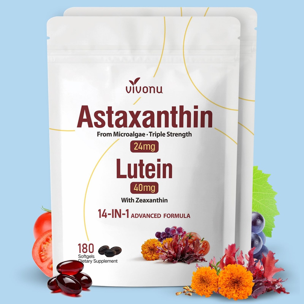 VivoNu 14-in-1アスタキサンチン24mg & ゼアキサンチンサプリメント付きレテイン40mg, 12ヶ月の供給, 360 Softgels, 2バッグ