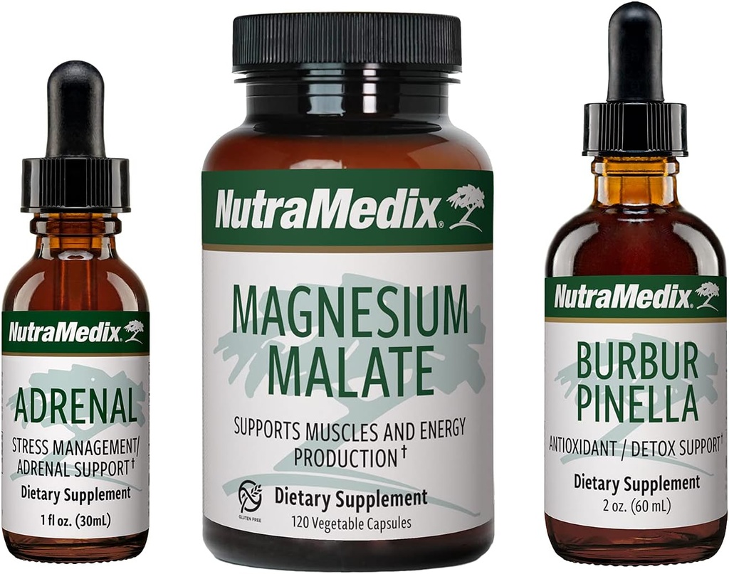 NutraMedix Energy Set - 3-Piece Kit Includes Extracts of Astragalus, Rhodiola, Ginseng & Schisandra, Burbur-Pinella Detox Drops & Magnesium Malate Capsules for General Wellness