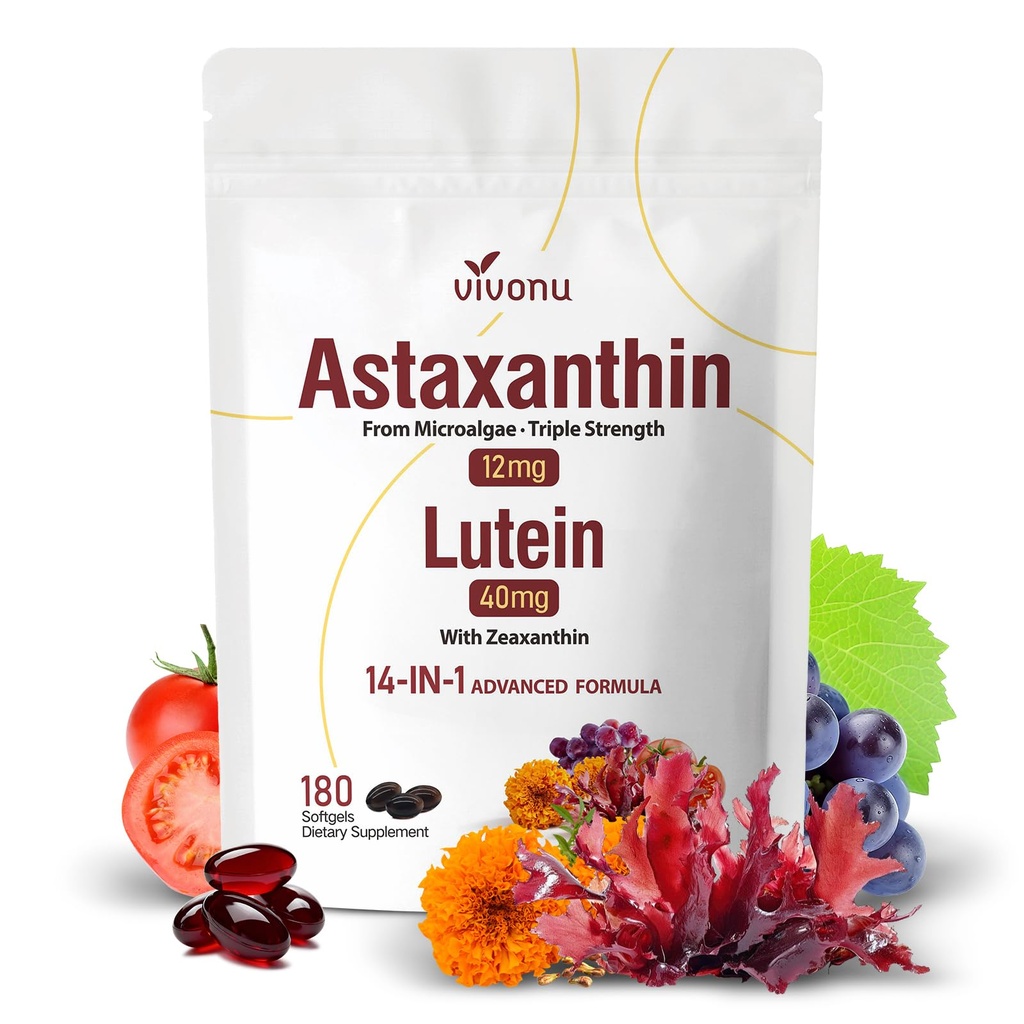 ゼアキサンチン+アスタキサンチン12mgとVivoNu Lutein 40mg - 14-in-1アイサポート&抗酸化サプリメント - Lycopene、グレープシード&ビタミンE - 180ソフトゲル