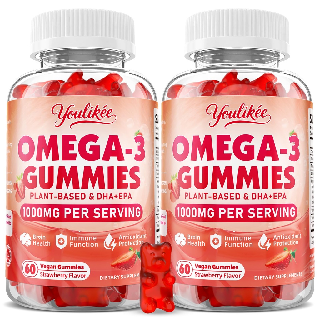 2パックビーガンオメガ3グミー1000mg、オメガ3フィッシュオイル大人のための代替、植物ベースのDHA 460mg&EPA 230mg w /ビタミンA、C、E、イチゴ味、120カウント