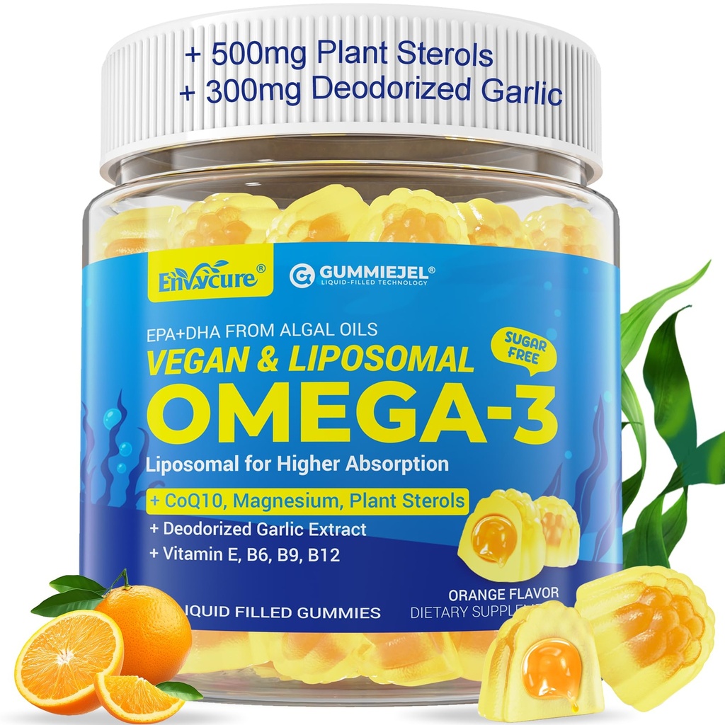 ビーガンオメガ3グミー1000mg + CoQ10 +マグネシウム- EPA 600mg & DHA 400mg, 魚油オメガ3は、女性男性大人のための代替サプリメント-リポソームフォーム-藻-植物ステロール, ニンニク,B6,B9, B12, 砂糖無料