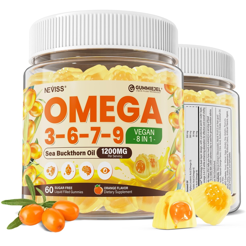 オメガ3-6-7-9グミー、有機海バックソーンオイル1200MG&亜麻仁油500MG、ビーガンオメガ7サプリメントW /ビタミンA、C、E、脂肪酸、魚の味なし、皮膚、目、免疫、脳の健康、60Cts