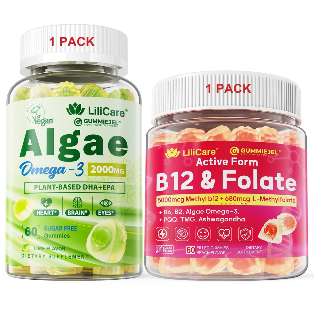 束: Algae Omega 3のグミー1のパック及びメチルB12 + L-Methylfolateのグミー1のパック