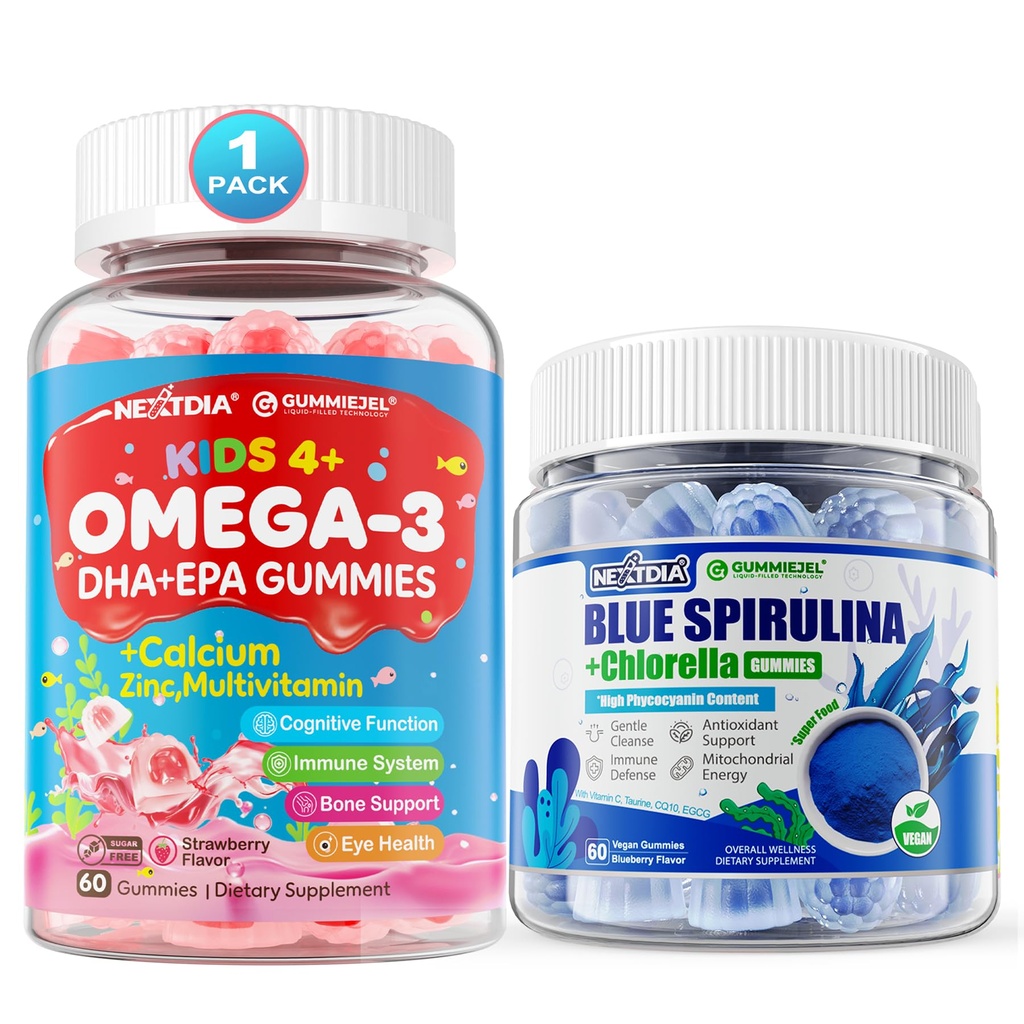 Omega 3 (EPA/DHA) 充填ガミー + オーガニックブルースピルリナ ガミー