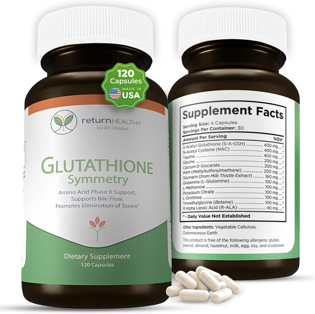 Glutathione Symmetry | S-Acetyl Glutathione Supplement | Antioxidants & Detoxification Supplement | Natural Cellular Support | All-Natural, Vegan, Non-GMO, 120 caps
