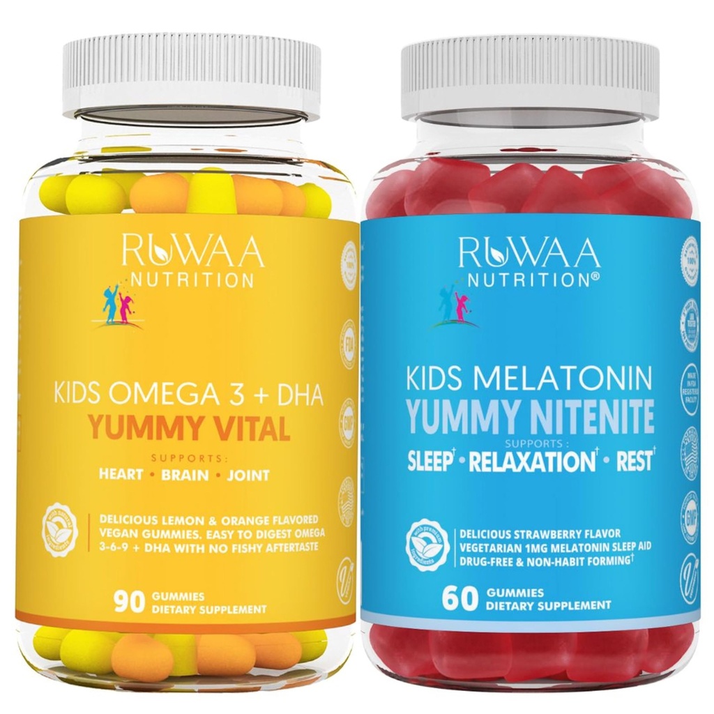 RUWAA NUTRITION Omega 3 Gummies, DHA Gummiesと1mg Melatonin Gummies | No Fish, No After-Taste, Non-Habitフォーミング, Gluten Free, Non-GMO, 米国製.