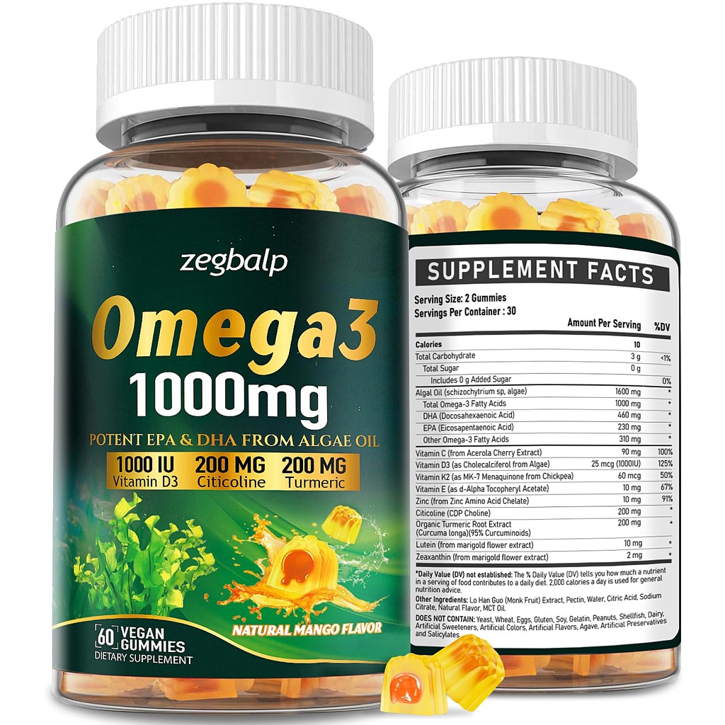 女性&男性のためのオメガ3サプリメントグミ - 1000mgビーガンオメガ3 DHA&Turmeric、ビタミンD3、K2、全体的な健康のためのシチコリン - Algaeオイルオメガ3脂肪酸サプリメント、砂糖フリー