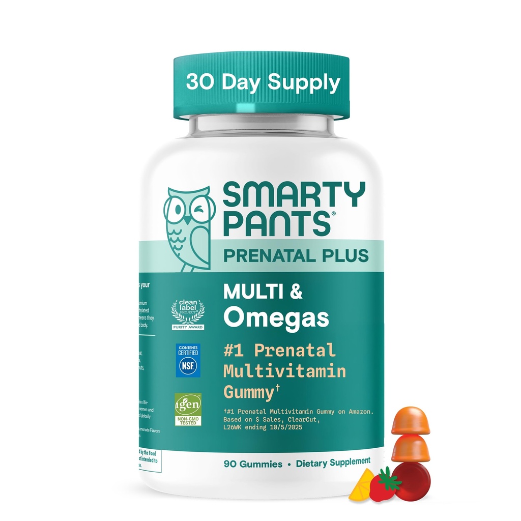 SmartyPants Omega 3 DHA/EPA、Methylfolate、Biotin、ビタミンD3、C、B12、B6、A、K、亜鉛、グルテンフリー、きれいなラベル、2つのフルーツの味、90のグミー(30日の供給)
